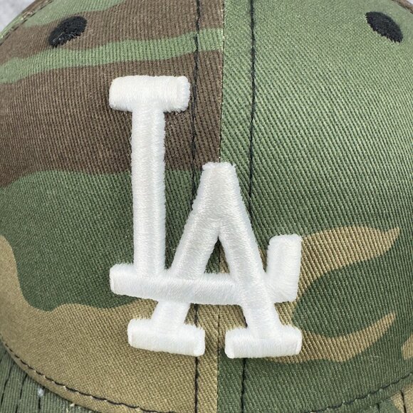 New Era Los Angeles Dodgers Camo Fitted Hat Size 7 1/8 Cotton Green & Brown - Picture 9 of 16